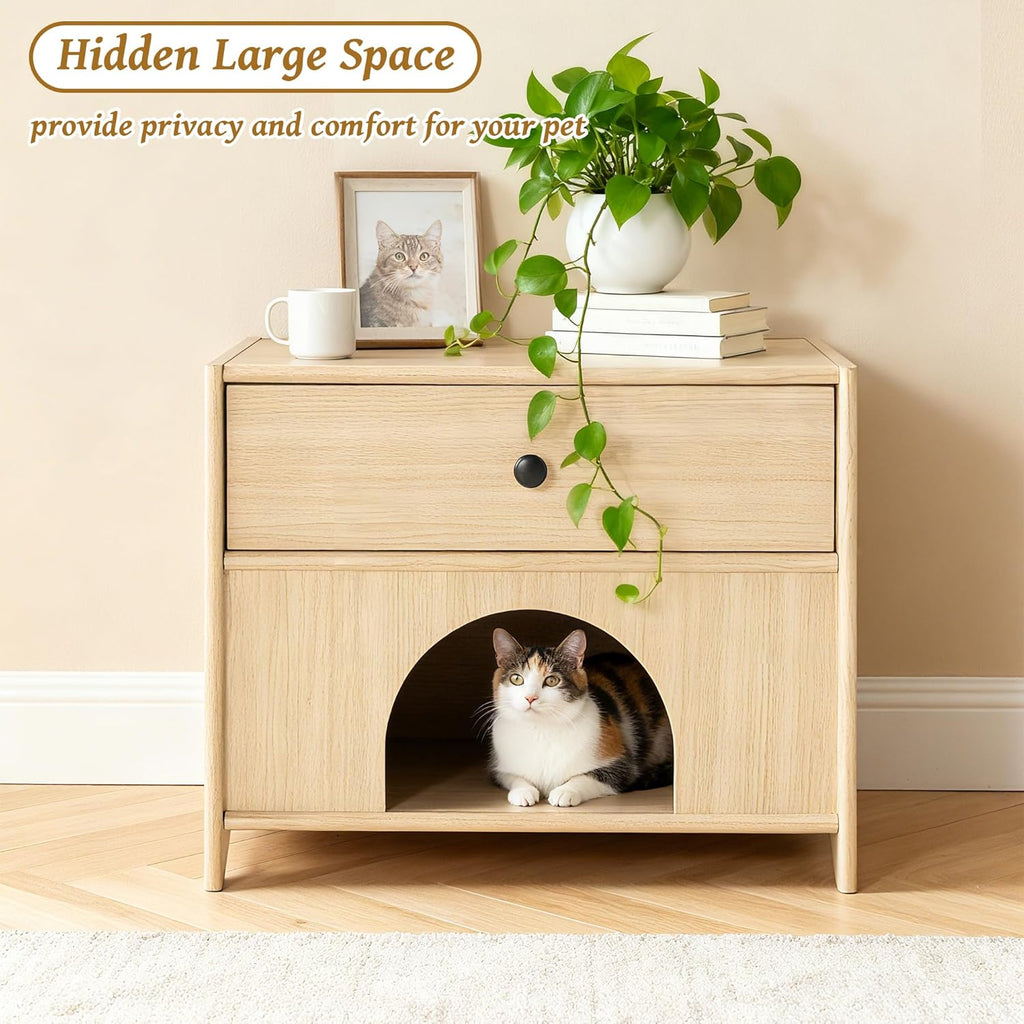 2-in-1 Nightstand with Drawer Wooden Cat Bed End Table, Modern Cat Bedside Table Hideaway Small Side Table for Living Room Bedroom