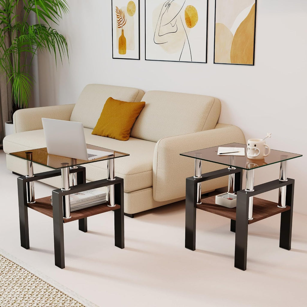 IANIYA 3 Pieces Living Room Table Set, Coffee Table Set of 3 Modern Rectangle Tempered Glass Coffee Table with 2 End Side Tables, 3 Piece Table Sets for Apartment Home Office (3, Brown)