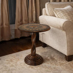 TUP THE URBAN PORT Jem 22 Inch Side End Table, Round Top, Hand Carved Boho Mandala Design with Twisted Base, Brown Mango Wood