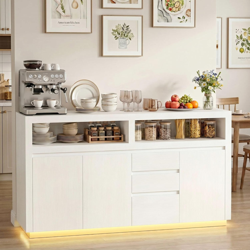 FOTOSOK 63" Sideboard Buffet Cabinet with Storage, Modern Kitchen Buffet Cabinet with Drawer, Kitchen Storage Cabinet with Power Outlet & LED Light, Coffee Bar Cabinet for Kitchen, Living Room, White
