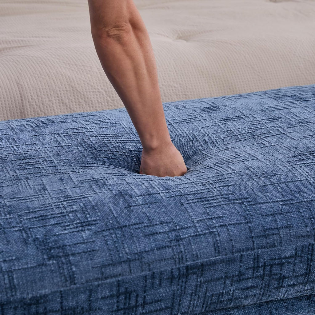 mikibama 83.1" Extra Long Ottoman Bench for Bedroom,Oversized Chenille Upholstered Chaise Lounge Sofa Benches,Modern End of Bed Bench with Arms,Lounger Daybed Couch with Pillows (Blue)
