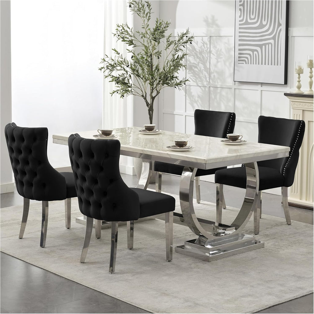 adochr Dining Chairs Set of 4, Velvet Upholstered Kitchen Chairs with Stainless Steel Legs, Button Tufted Back & Adjustable Feet, Black