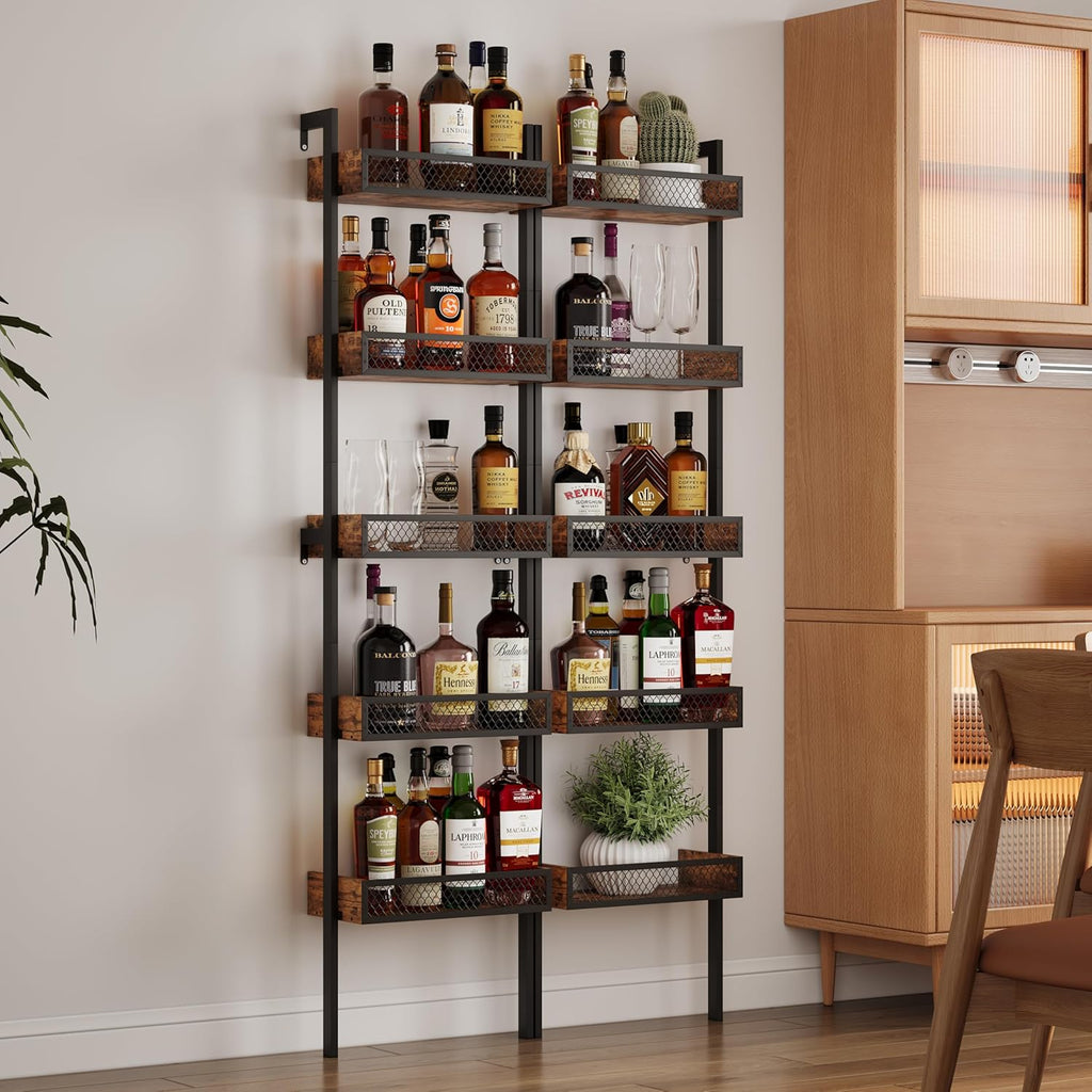 Unionly 5-Tier Liquor Stand for Home Bar，Freestanding Wine Racks for Wall,Wines Bottle Holder Display Shelf with Fences,Liquor Storage for Kitchen, Dining Room, Bar (Rustic Brown)