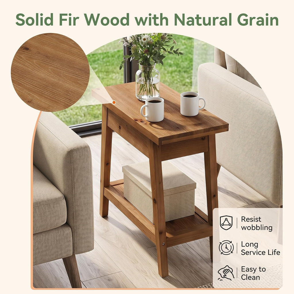 End Table for Living Room, 2-Tier Solid Wood Side Table with Storage, Farmhouse Rectangle Nightstand for Bedroom, Living Room, Small Spaces (Natural Brown) (1)