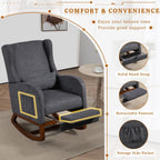 Modern Rocking Chair Nursery Glider, Comfy Rocker Nursery Chair with Foot Rest, Accent Reading Armchair with Pillow and Pocket, Upholstered Lounge Rocker with Solid Wood Base for Relaxing (Charcoal)