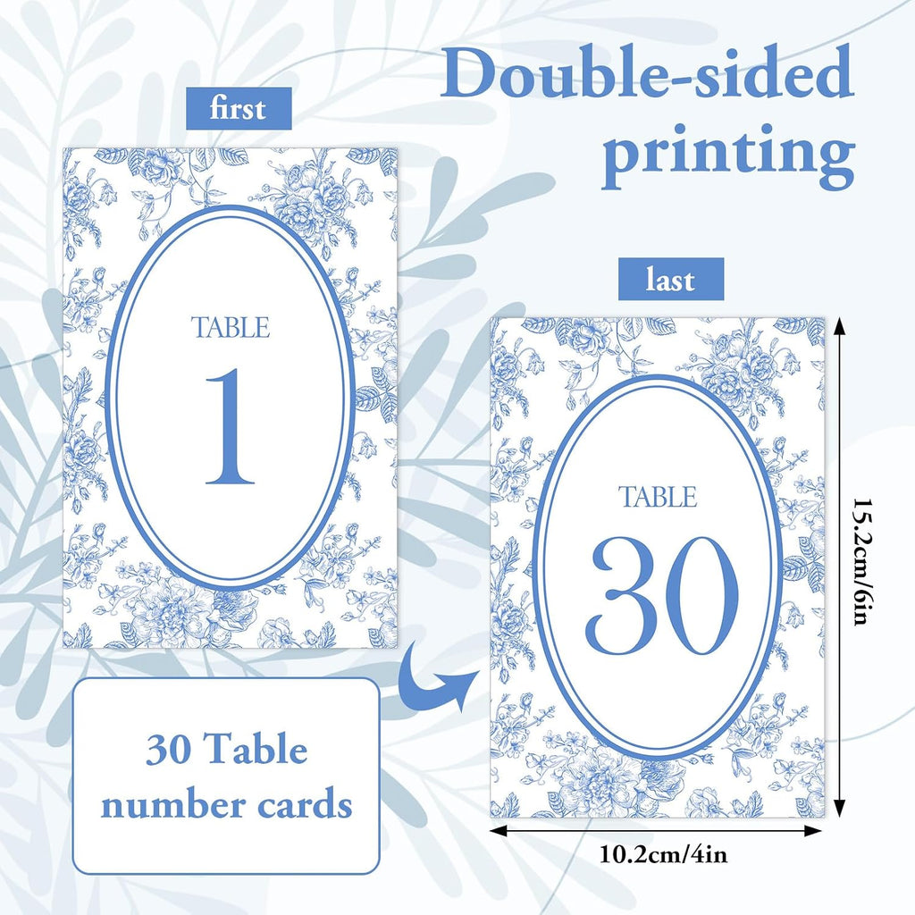 FYSUIMU Wedding Table Numbers 1-30 Chinoiserie Flower Number Place Cards 4 x 6 Inch Blue Floral Table Number Labels for Birthday Bridal Baby Shower Reception Party