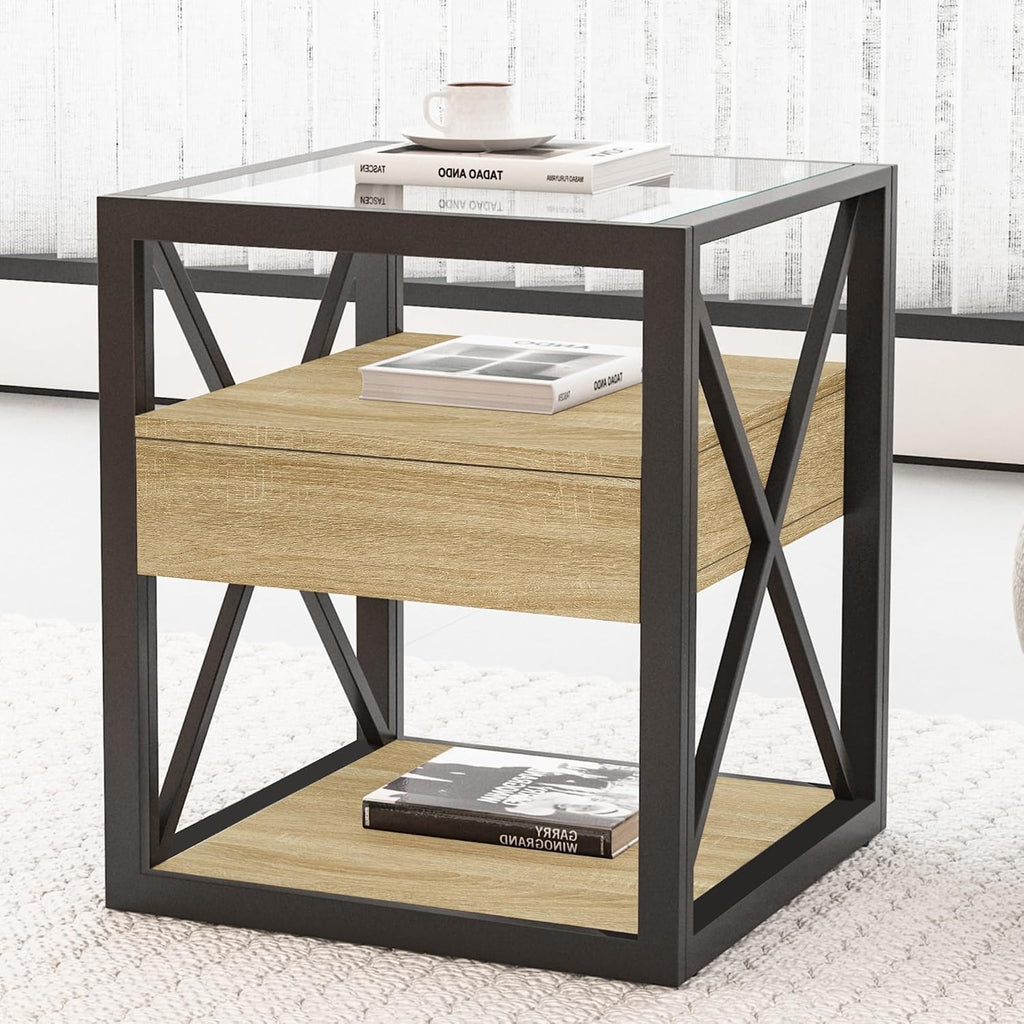 Bellemave 1 piece Small End Table with Drawer, Nightstand for Bedroom & Living Room, Wood MDF &Tempered Glass, Metal Frame, Industrial Style Side Table,Easy Assemble, Natural