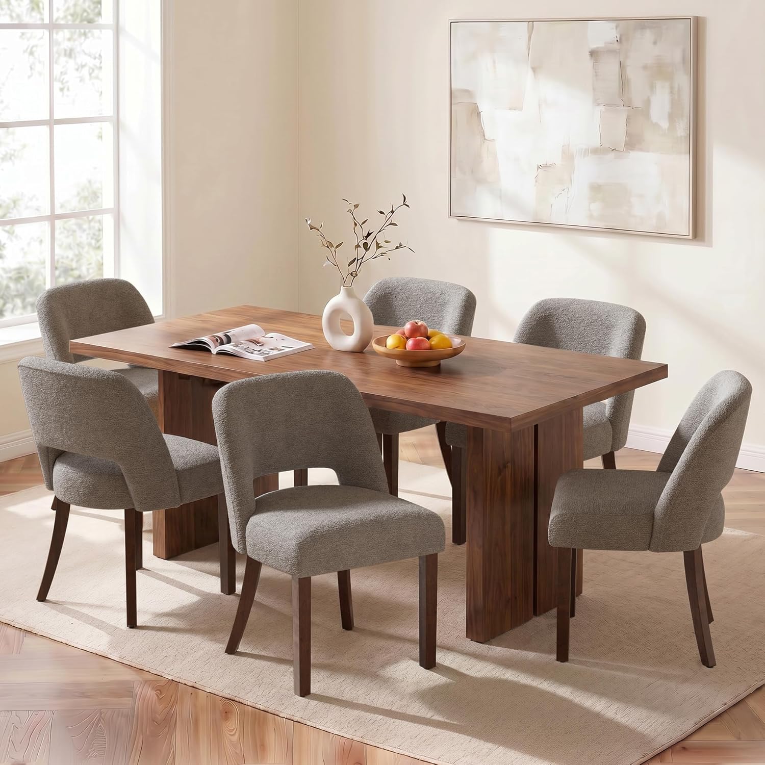 Usaint Wooden Dining Chairs Set of 6, Modern Upholstered Dining Room Chair Kitchen Chairs with Ergonomic Curved Backrest for Kitchen and Restaurant, Brown