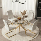 5 Piece Round Glass Dining Table Set for 4, Modern Tempered Glass Top Kitchen Table with 4 Upholstered Chairs, Space-Saving Dining Set for Small Apartment, Gold & Gold