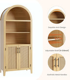 IDEALHOUSE Arched Kitchen Pantry Cabinet with Doors - 5-Tier Open Display Shelf with Rattan Decor, Farmhouse Storage Cabinet for Kitchen, Dining Room, Living Room, Natural