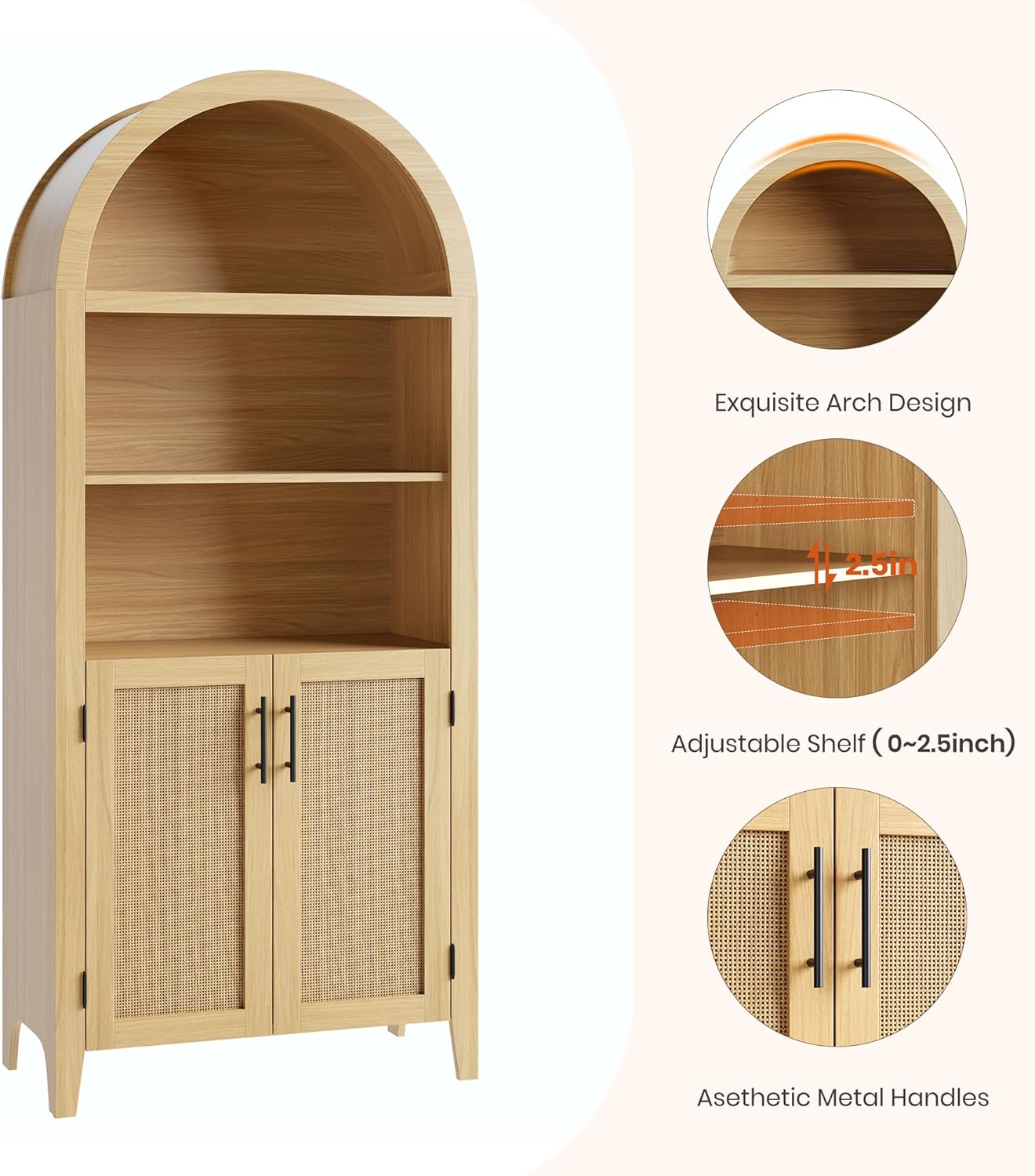 IDEALHOUSE Arched Kitchen Pantry Cabinet with Doors - 5-Tier Open Display Shelf with Rattan Decor, Farmhouse Storage Cabinet for Kitchen, Dining Room, Living Room, Natural