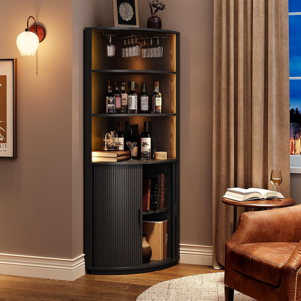 ONBRILL 72" Tall Corner Bar Cabinet with LED Lights, Fluted Wine Bar Cabinet with Storage, Mid-Century Modern Liquor Cabinets with Sliding Door & Wine Glass Holder, for Dining Room, Living Room Black