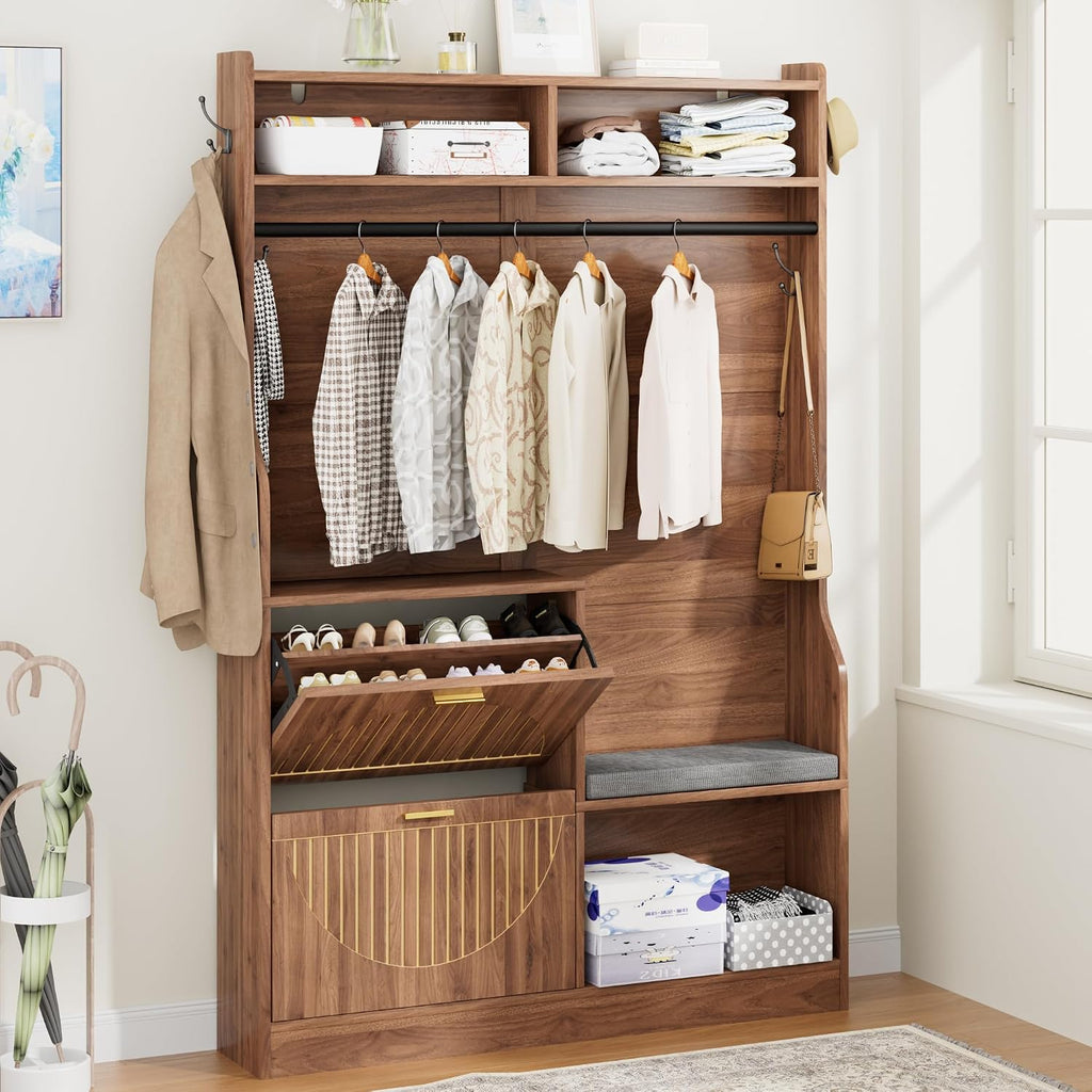 78" Tall Hall Tree with Bench and Shoe Storage, Entryway Hall Tree with Hanging Rod, 4 Hooks, Flip Shoe Cabinet and Storage Shelves, Modern Rustic Entryway Furniture for Mudroom ,Hallway (Walnut)