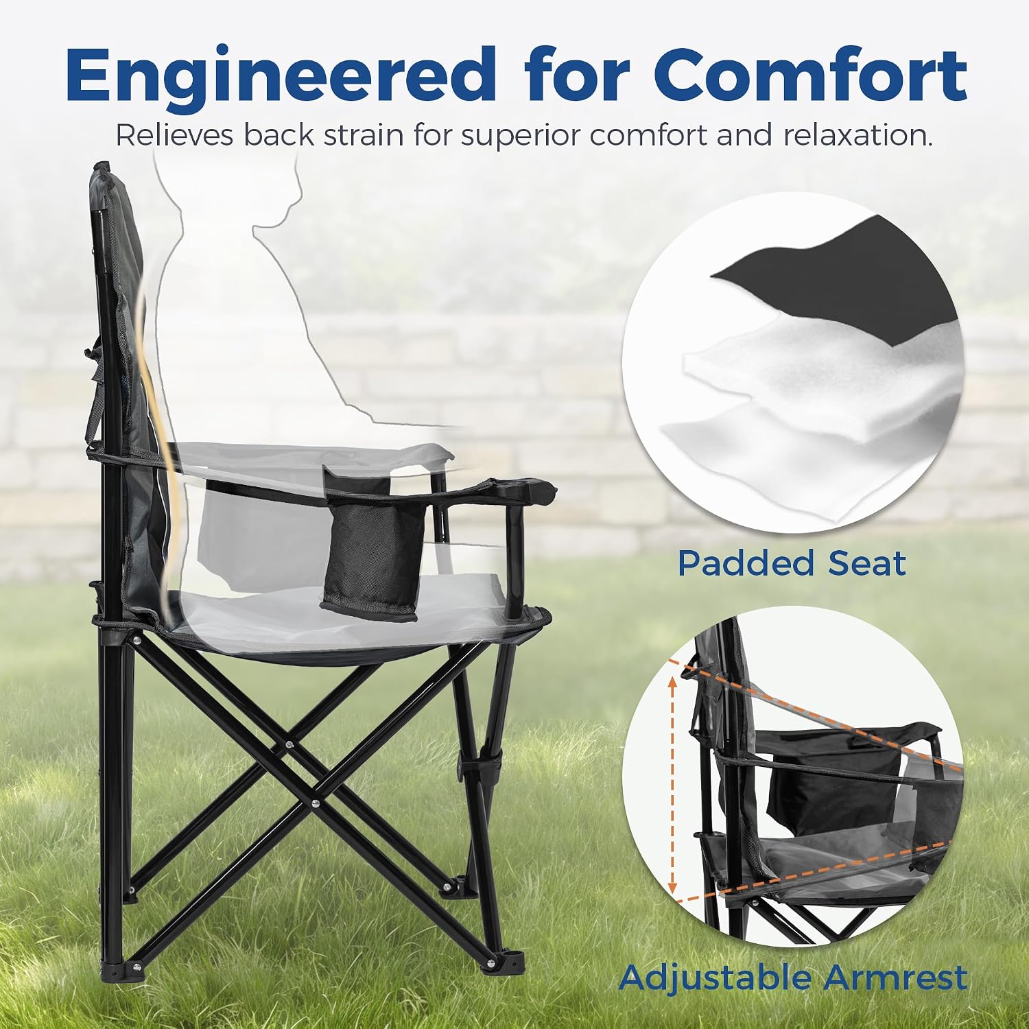 Oversized Padded Camping Chair, Heavy Duty Steel Frame, 450 lb Capacity, Folding Camp Chair with 6-Can Cooler, Carry Bag for Outdoor Camping, Beach, Hiking(Gray & Black)