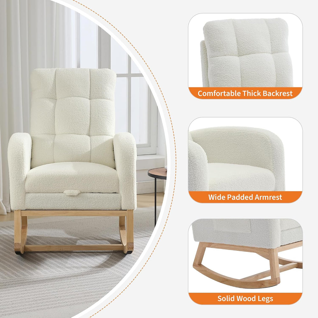 IDEALHOUSE Nursery Rocking Recliner Chair with Footrest, Teddy Upholstered Mid-Century Glider Rocker with High Back, Side Pocket & Sturdy Wood Legs for Living Room, Bedroom, Nursing Room, Teddy Beige