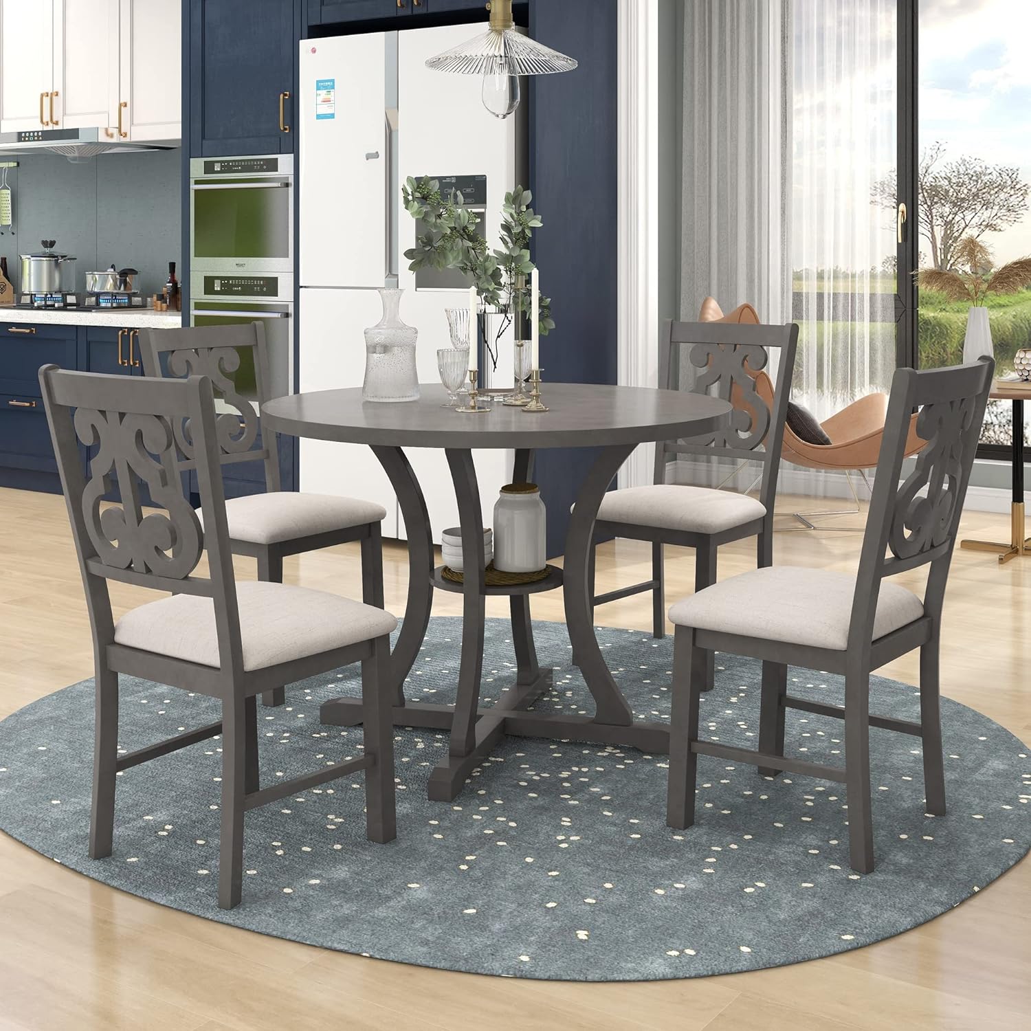 Merax 5 Piece Round Dining Table Set 4 Retro Chairs with Special-Shaped Table Legs, Exquisitely Designed Hollow Chair Back for Dining Room, Grey