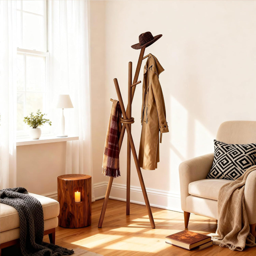VICITON Wooden Coat Rack, Tripod Coat Tree Freestanding with 3 Hooks for Clothes, Hats and Handbags, Coat Hanger Stand for Bedroom, Living Room, Entryway (Dark)
