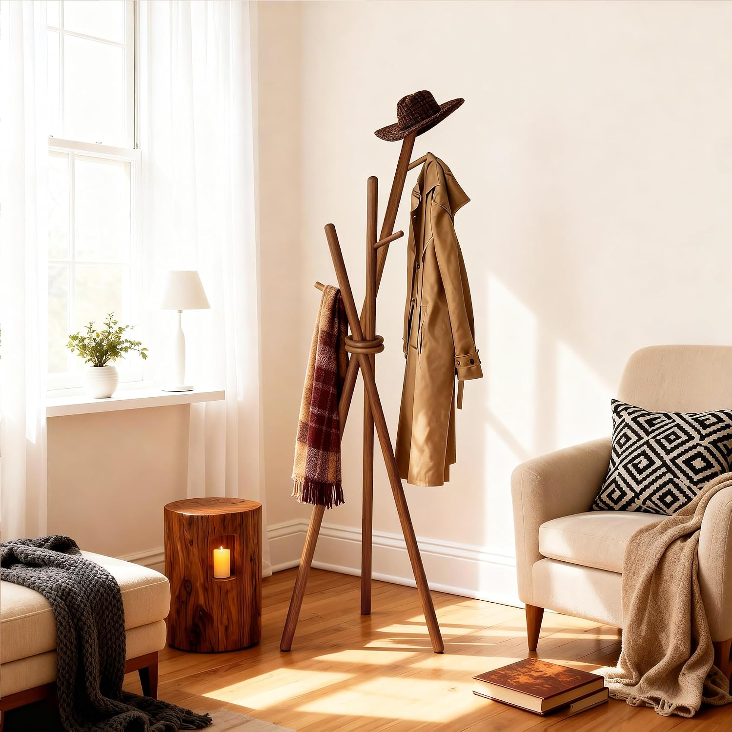 VICITON Wooden Coat Rack, Tripod Coat Tree Freestanding with 3 Hooks for Clothes, Hats and Handbags, Coat Hanger Stand for Bedroom, Living Room, Entryway (Dark)