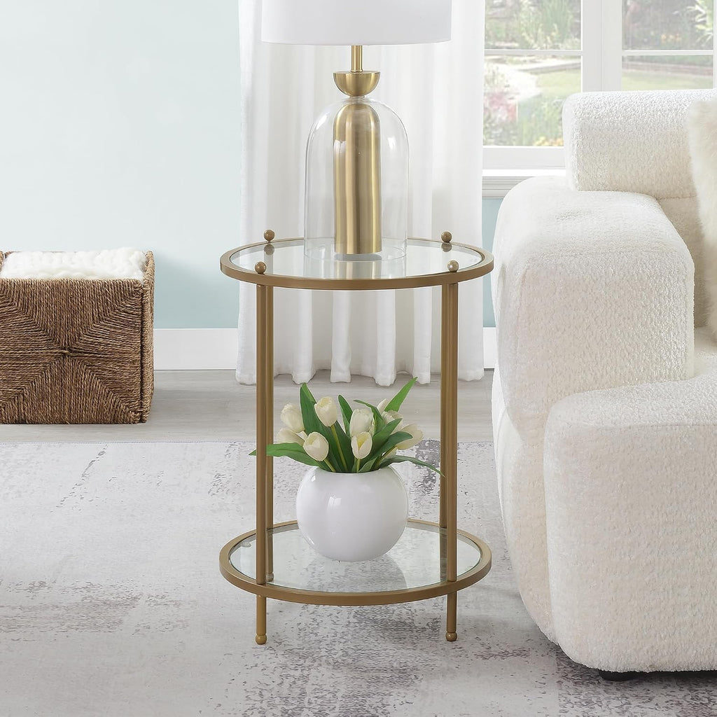 Convenience Concepts Royal Crest Glass Round End Table 18" - 2 Tier Modern, Contemporary Side Accent with Storage Shelf for Glam Living or Family Room, Bronze Gold