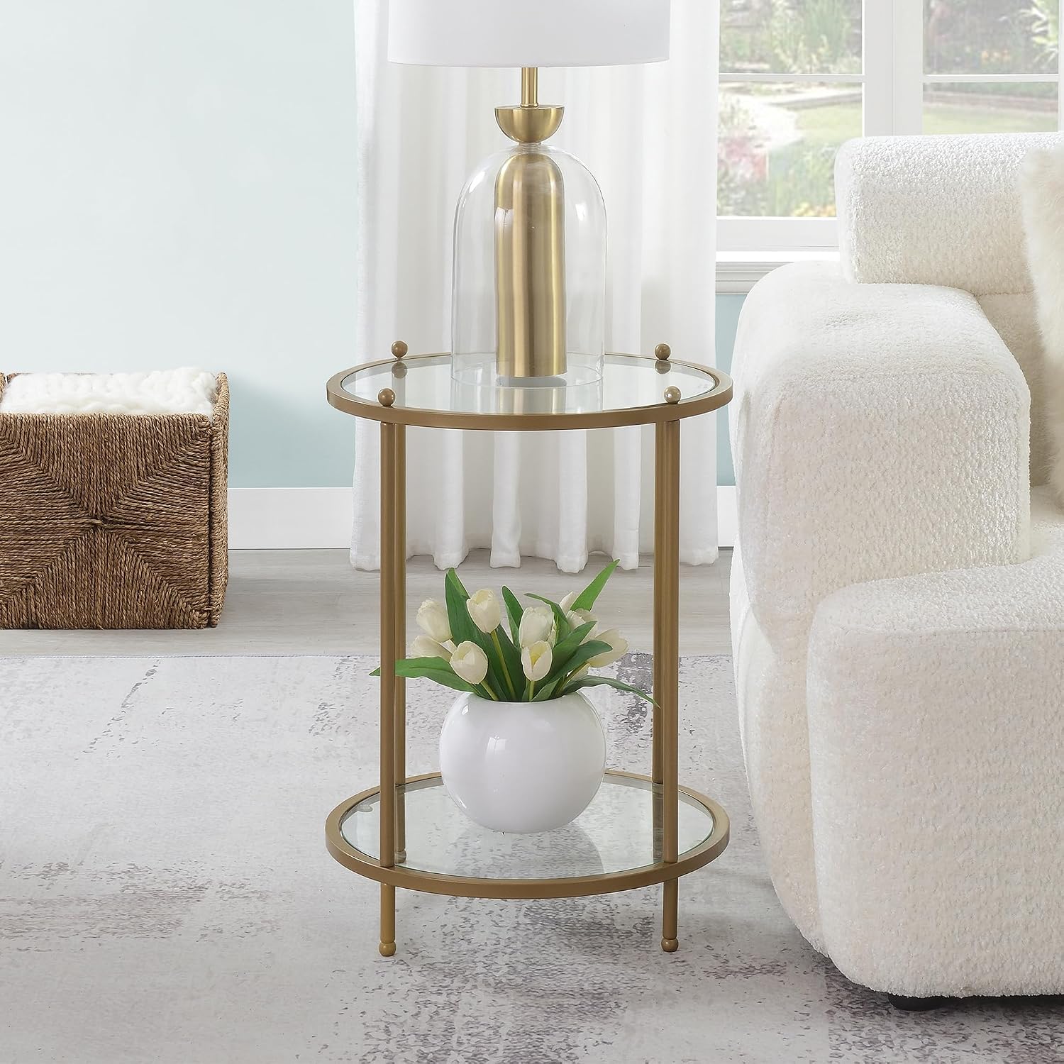 Convenience Concepts Royal Crest Glass Round End Table 18" - 2 Tier Modern, Contemporary Side Accent with Storage Shelf for Glam Living or Family Room, Bronze Gold