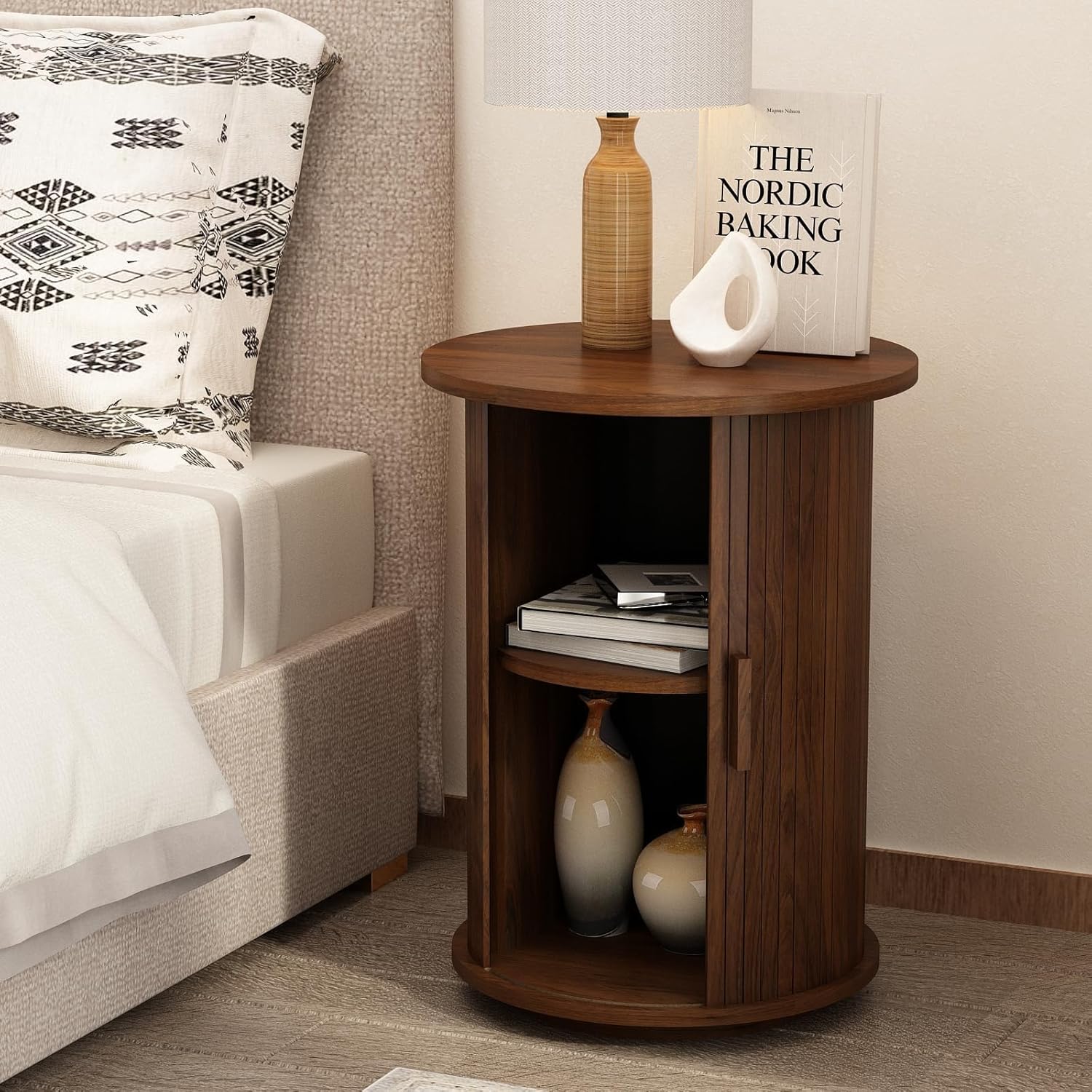 Wnutrees Round Fluted End Table, Small Accent Pedestal Side Table with Sliding Door & 2 Tier Storage Shelf, Wood Fluted Nightstand Bedside Table for Living Room, Bedroom, Brown