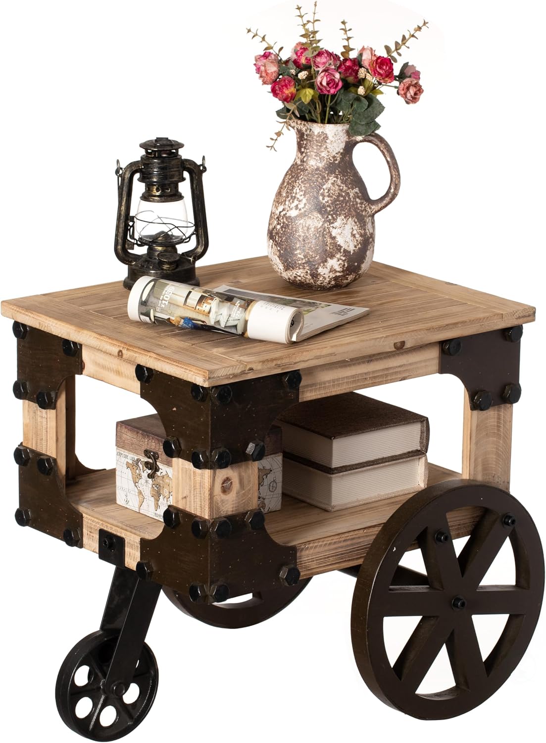 Vintiquewise Farmhouse Wagon-Style End Table with Storage Shelf & Rolling Wheels Vintage Wood Accent Table for Living Room Bedroom or Entryway Compact Decorative Multi-Functional & Stylish Display