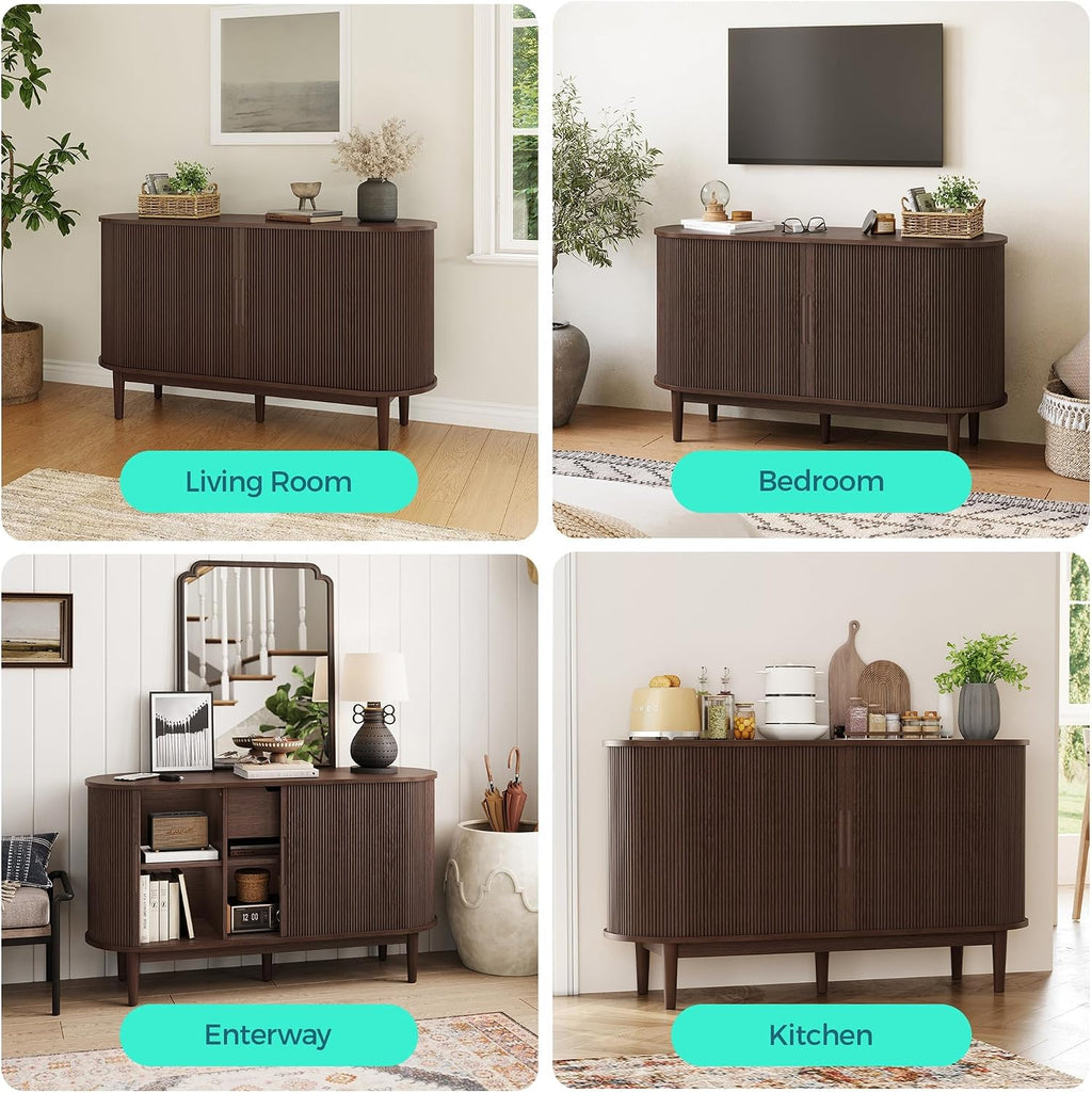 LINSY Home 55" Sideboard Buffet Cabinet,Tambour Sliding Doors & Drawer | Vintage Walnut Fluted Coffee Bar Cabinet with Storage, Mid Century Modern Wood Storage Buffet Table for Kitchen, Living Room