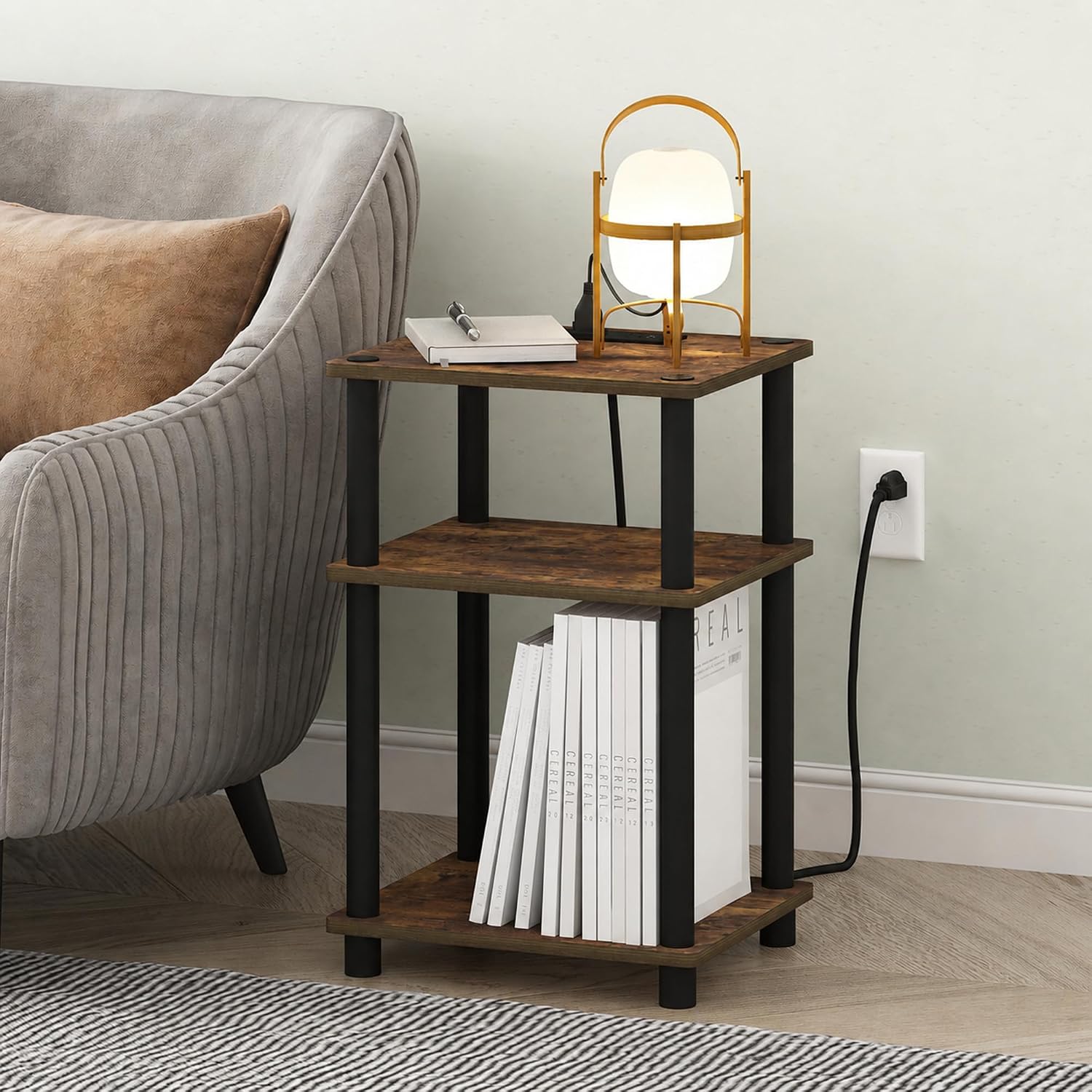 Furinno Just 3-Tier Side Table with Charging Station, Easy Assembly Rustic Brown End Table, Night Stand, Bedside Table with USB and Type-C Charging Port, for Living Room, Bedroom, Amber Oak