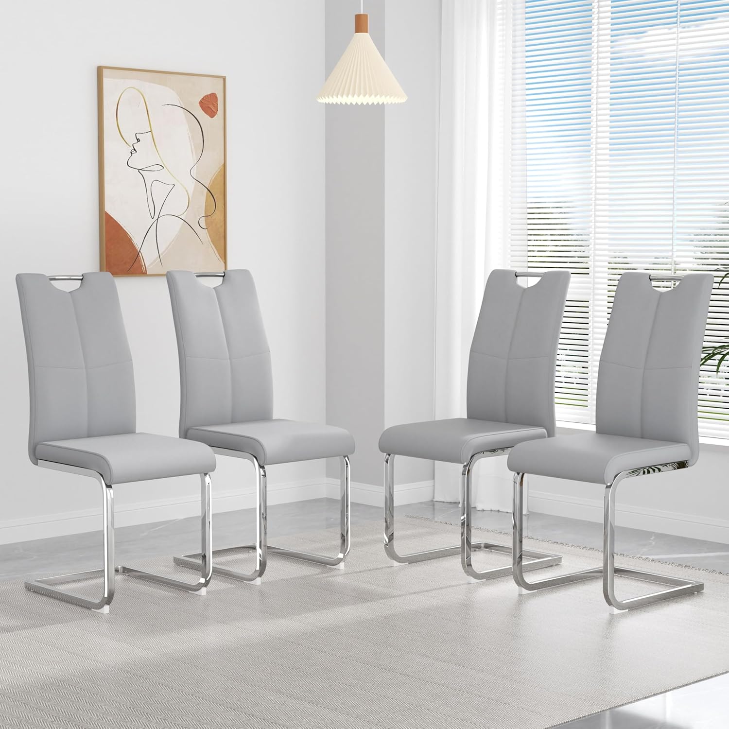 yeag Modern Dining Chairs Set of 4, High Back Kitchen and Kitchen Room Chairs with Silver Metal Chrome Legs and Upholstered PU Faux Leather Seat, Accent Side Chair for Home,Living Room, Gray