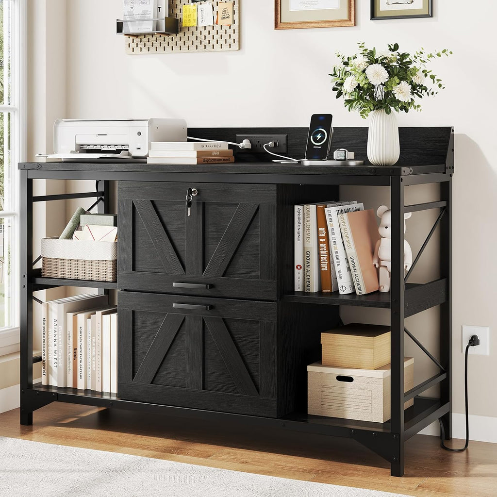 44" File Cabinet, Lateral Filing Cabinet for Home Office with 2 Drawers, Office Storage Cabinet with Lock and Key, Wooden Printer Stand with 4 Storage Shelves and Power Outlet, Office Furniture, Black