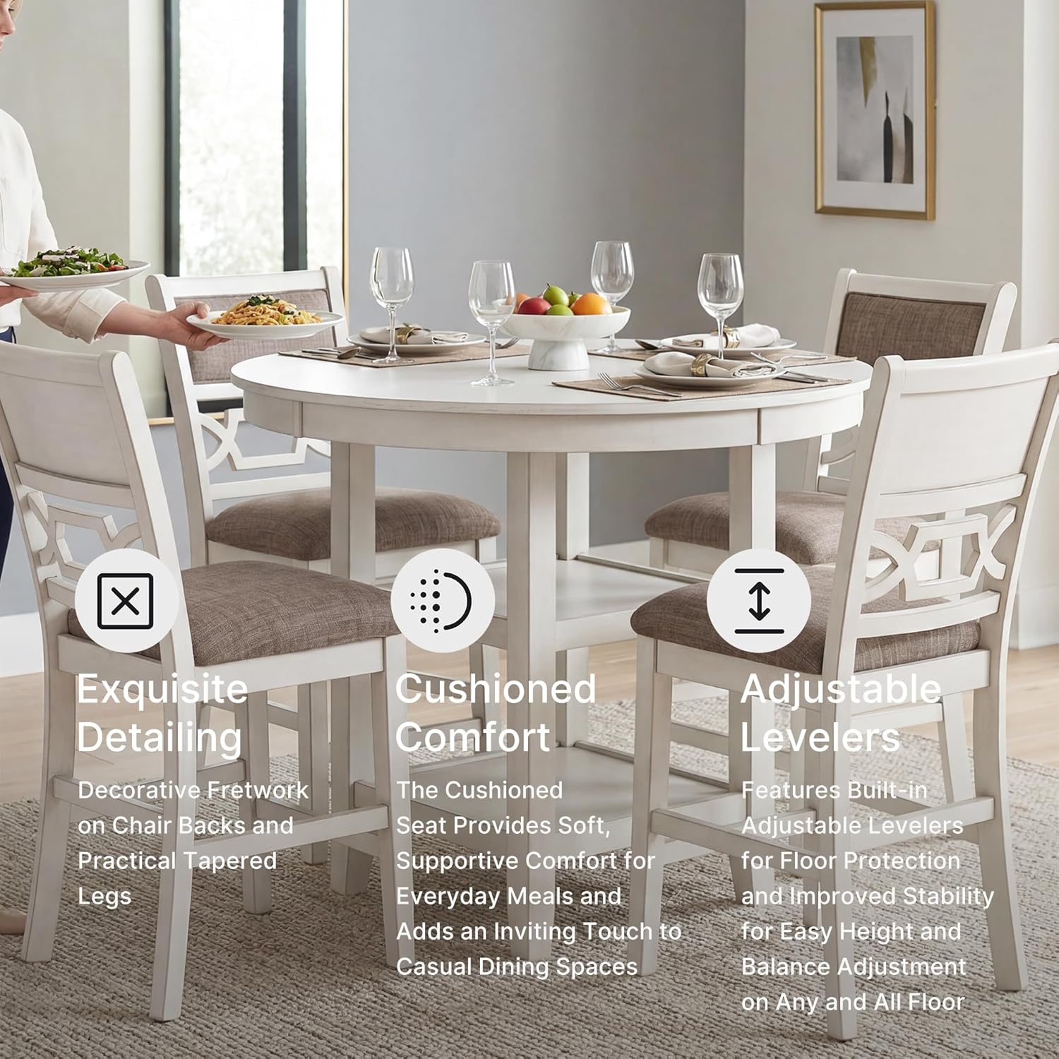 Signature Design by Ashley Erinberg Casual Counter Height Dining Table and 4 Armless Upholstered Bar Stools with Footrest and 2 Shelves, Set of 5, White & Light Gray