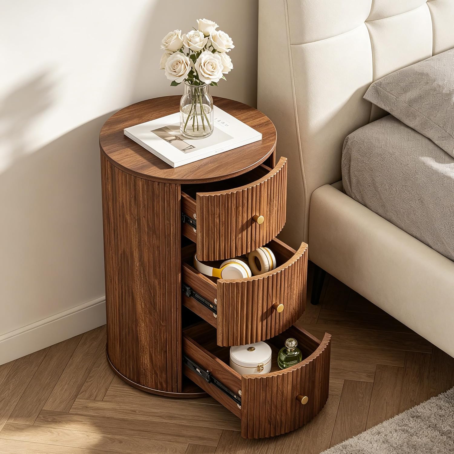 FurSch Fully Assembled Round End Table, Fluted Mid Century Side Table with 3 Storage Drawers for Living Room, Bedroom, Couch (Walnut-2 pcs)