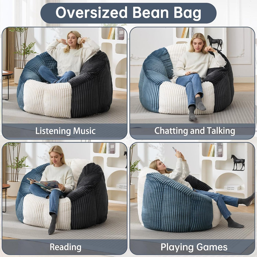 Swivel Giant Bean Bag Chair for Adults, Oversized Corduroy Boneless Chair Plush Round Soft Floor Chair Beanbag Sofa Lounge for Living Room, Bedroom, Game Room, Blue and Grey