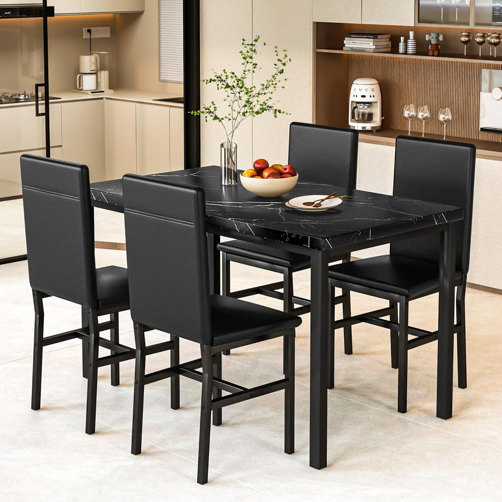 AWQM 5 Piece Dining Table Set for 4,Faux Marble Kitchen Table and Chairs for 4, Modern Dining Room Table with 4 Chairs,Dinner Table Set for Small Spaces, Black