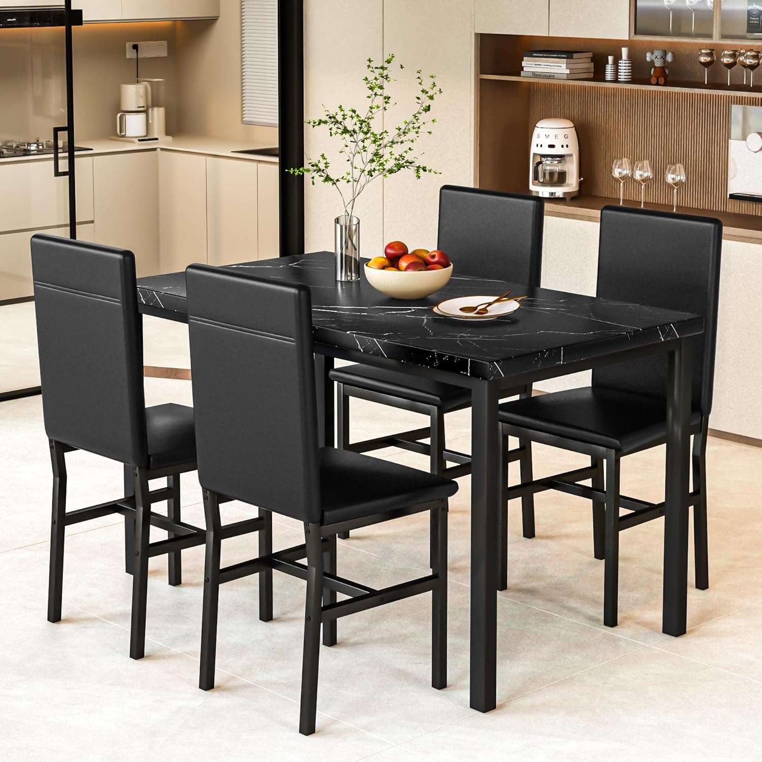 AWQM 5 Piece Dining Table Set for 4,Faux Marble Kitchen Table and Chairs for 4, Modern Dining Room Table with 4 Chairs,Dinner Table Set for Small Spaces, Black