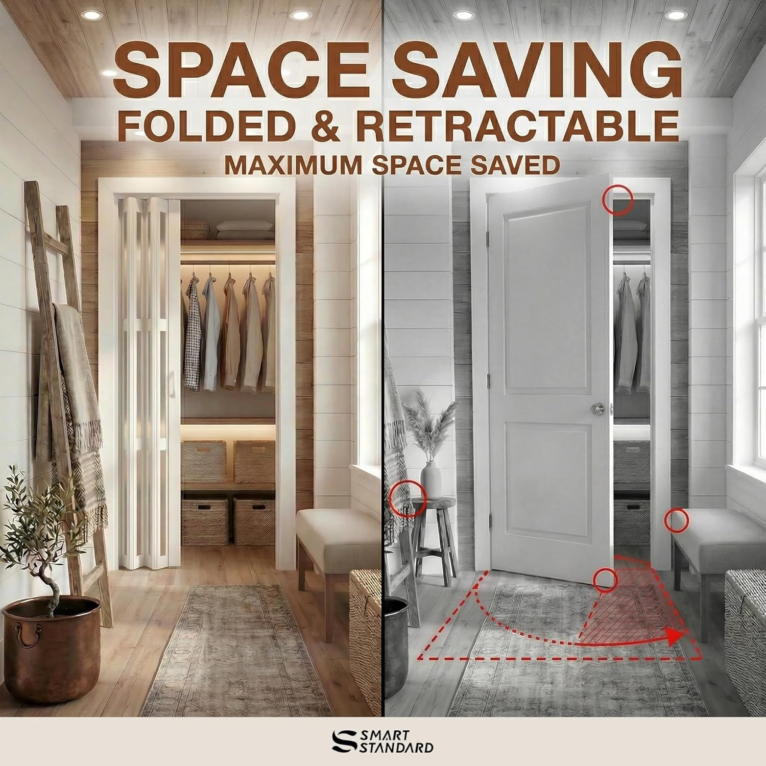 SmartStandard 30" x 80" Accordion Doors Interior, Double-Layer Accordion Doors for Doorway Closet Bathroom, PVC Folding Door Interior with Frosted Acrylic Glass, Full-Side Magnetic Strip, White