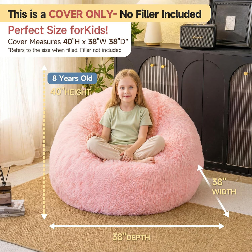 Pink fluffy bean bag chair covers (No Filler), comfy Plush Pink bean bag chair Cover for bedroom, stuffed animal Storage, kids adults teens girls bean bag chairs, Anti-Slip