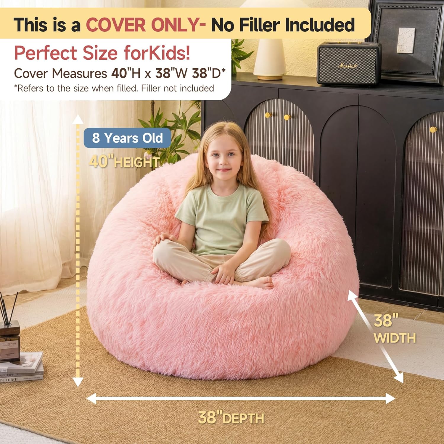 Pink fluffy bean bag chair covers (No Filler), comfy Plush Pink bean bag chair Cover for bedroom, stuffed animal Storage, kids adults teens girls bean bag chairs, Anti-Slip