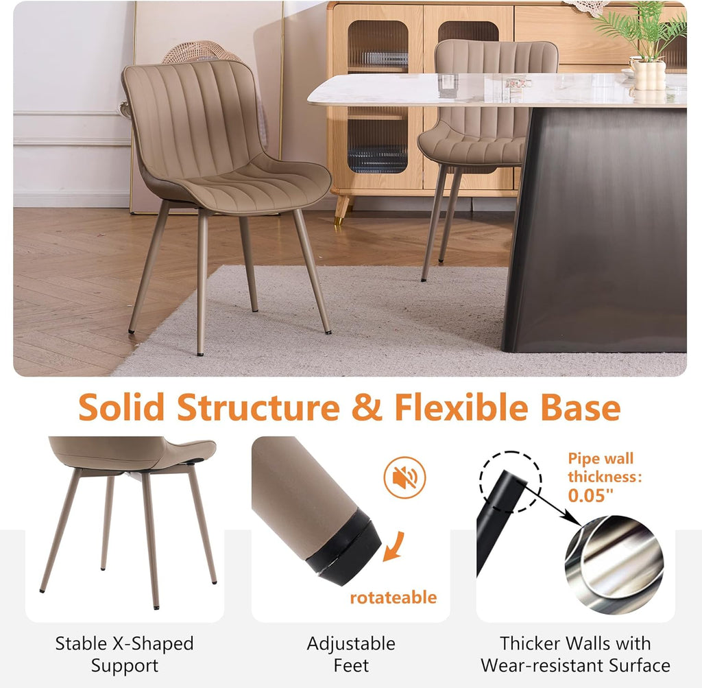 YOUNUOKE Mid-Century Modern Dining Chairs Set of 2, Khaki PU Leather Upholstered Kitchen Chairs with Khaki Metal Legs, Armless Accent Chair for Dining Room, Guest Reception Room