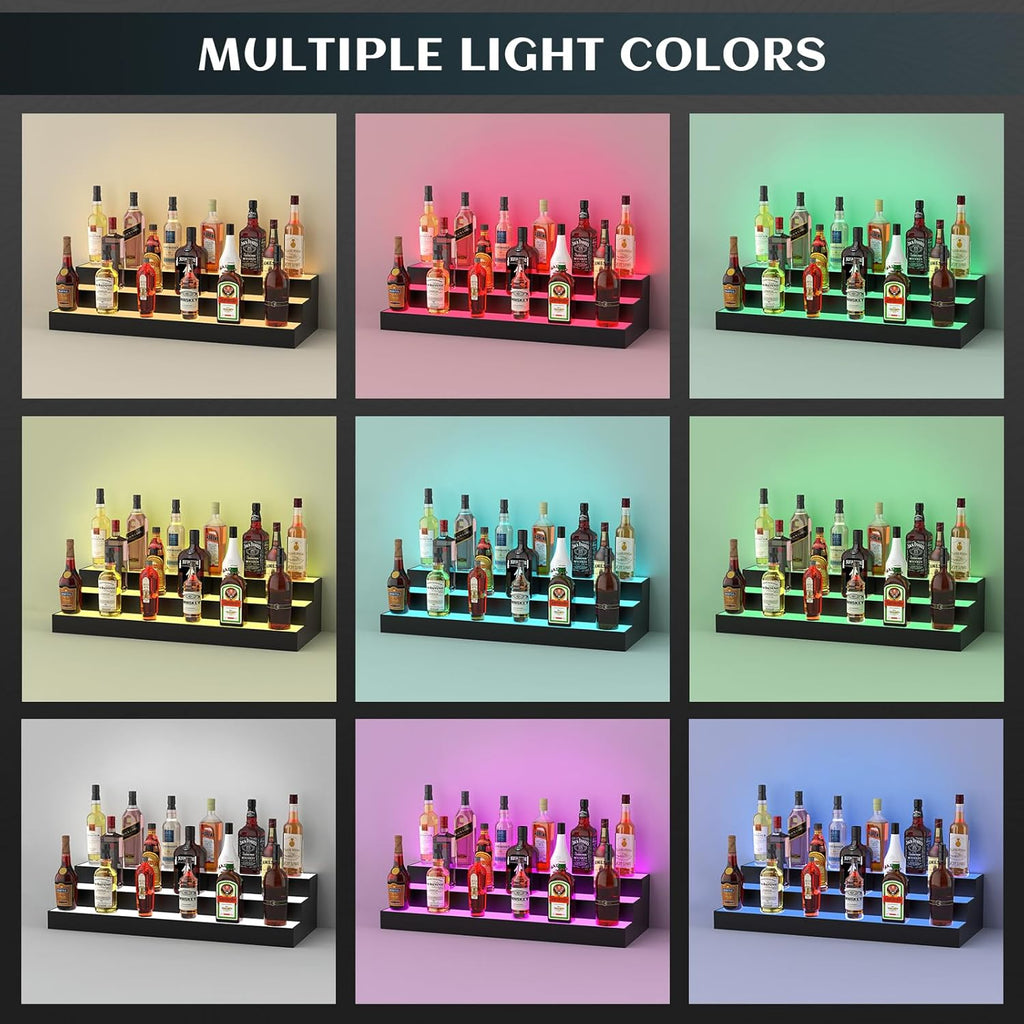 upcessory LED Lighted Liquor Bottle Display Shelf, 3 Tier 30 Inch Alcohol Whiskey Rack Stand Tray for Home Bar Living Room Accessories and Decor, Bourbon Shelf for 24 Bottles