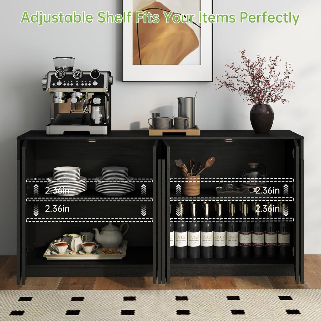 Real Relax 65 Inch Fluted Buffet Cabinet with Storage, Modern Symmetrical Arc Accent Sideboard Large Console Table for Living Room, Hallway, Entryway, 330LBS (Black)
