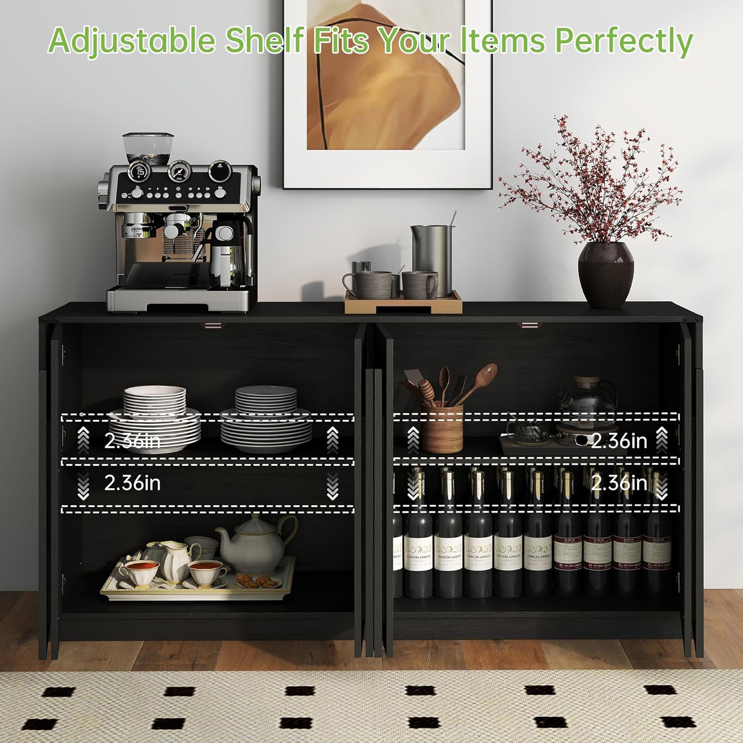 Real Relax 65 Inch Fluted Buffet Cabinet with Storage, Modern Symmetrical Arc Accent Sideboard Large Console Table for Living Room, Hallway, Entryway, 330LBS (Black)