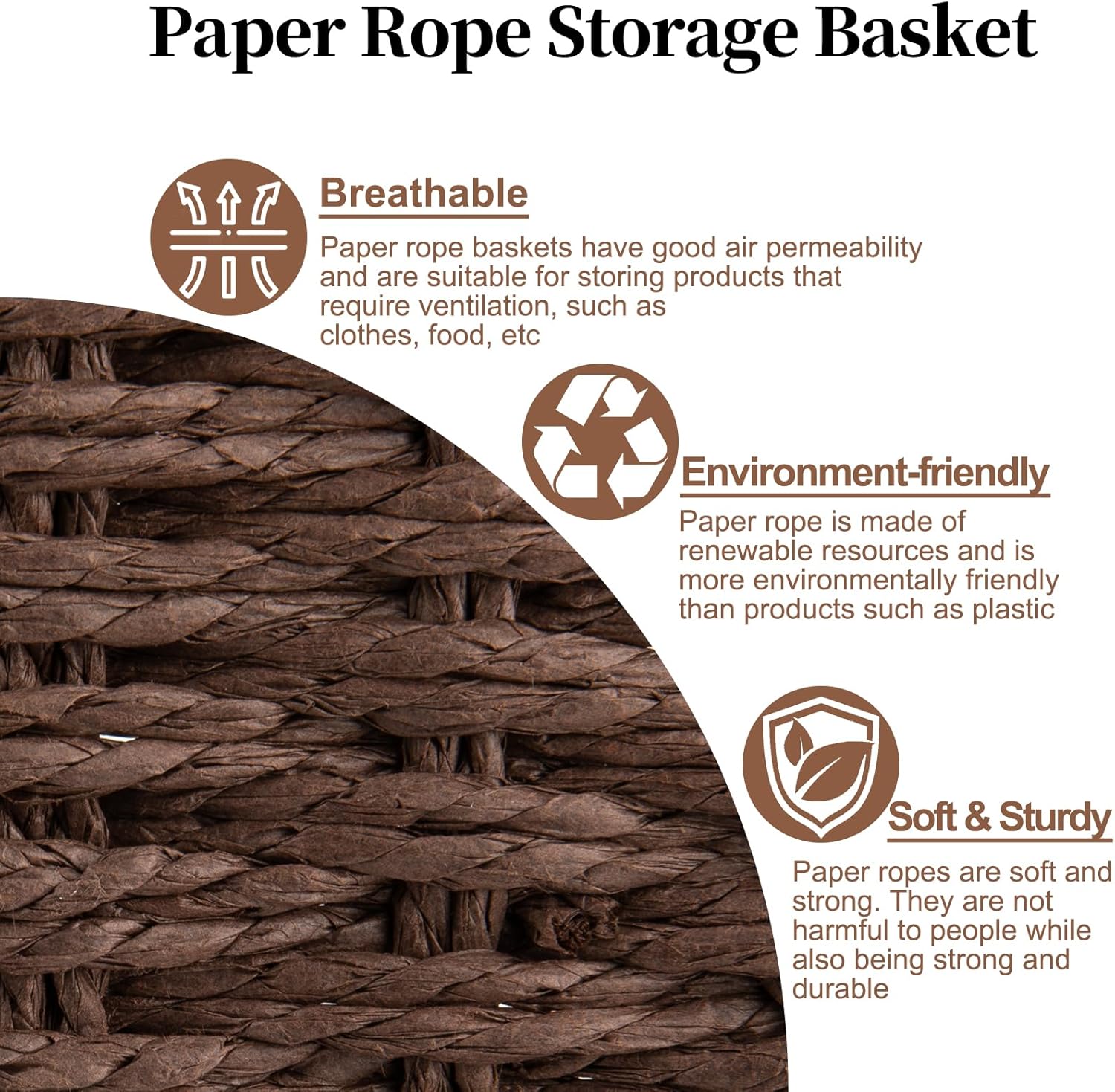 OIAHOMY Scalloped Wicker Baskets, Hand-woven Storage Baskets with Built-in Handles, Paper Rope Shelf Baskets for Organizing and Decoration, Set of 3-Brown