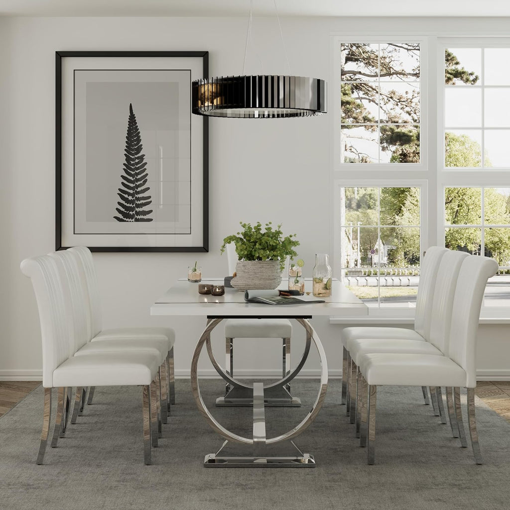 ACEDÉCOR Dining Chairs, White Leather Dining Chairs Set of 4, Upholstered Kitchen Room Chairs with Silver Stainless Steel Legs