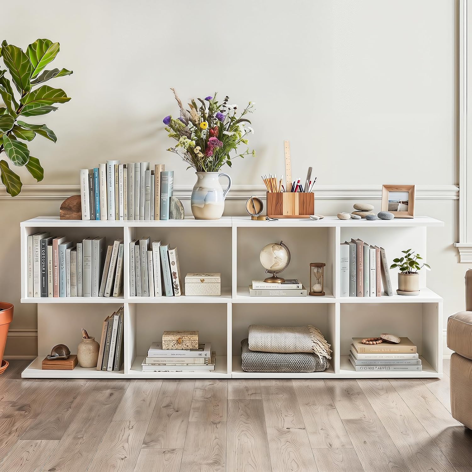 Giantex 4-Cube Book Shelf, 17'' Modern S-Shaped Couch End Sofa Side Table with Storage, Wood Cube Organizer, Small Bookshelf for Living Room Bedroom Home Office Dorm, White (1)