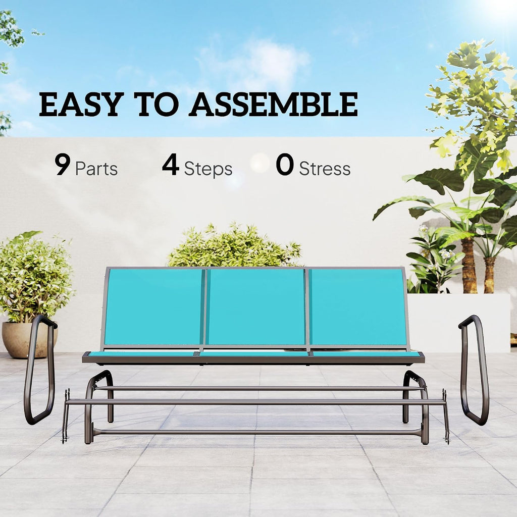 3-Person Outdoor Glider Bench – 660lb Weight Capacity, 57.9x27.6x33.5in Dimensions, Mesh Seat & Back, Blue Metal Construction