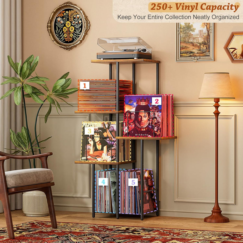 Record Player Stand, Vinyl Record Storage Holder with Display Shelf, Turntable Stand Table with Vinyl Organizer Dividers Album Rack, Vintage Style Record Cabinet Wood, Mid Century Modern Tall Console