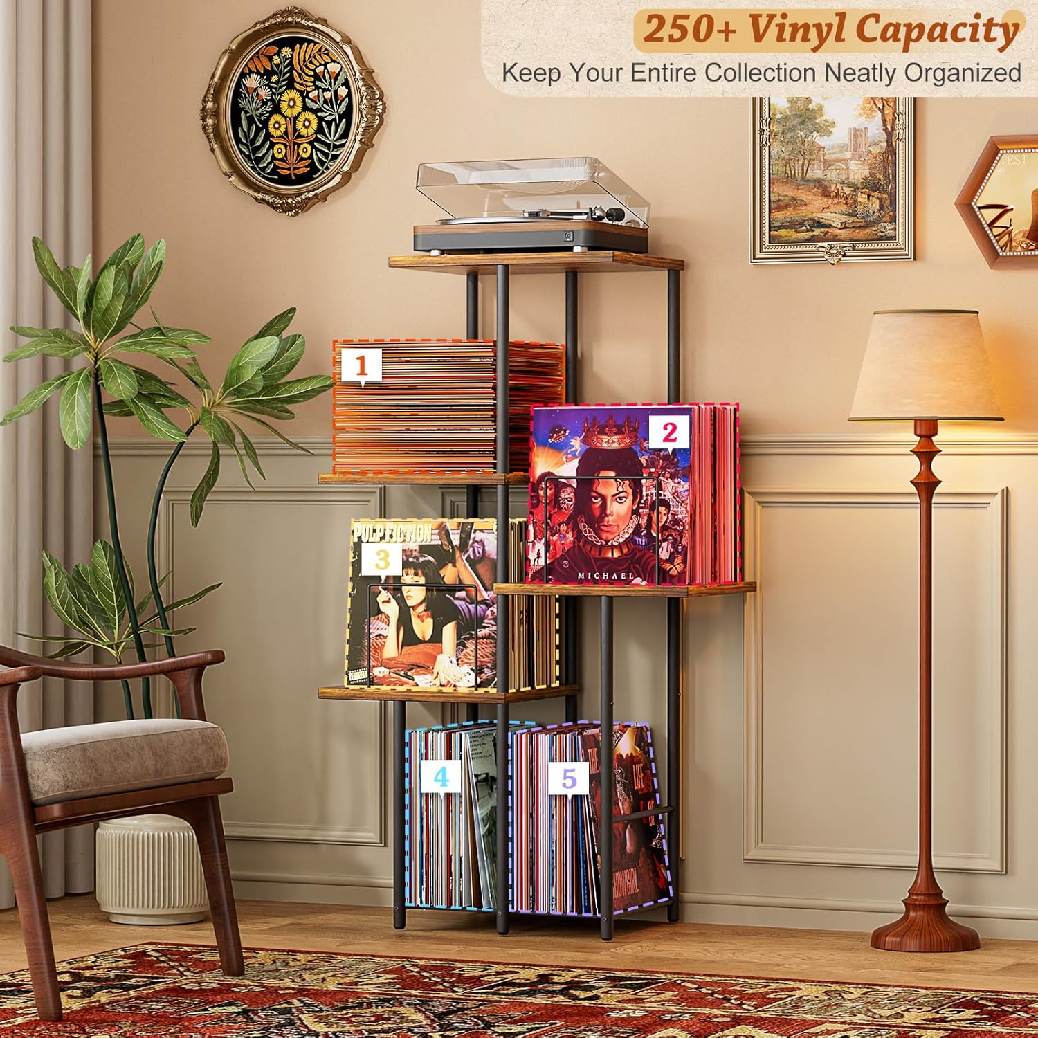Record Player Stand, Vinyl Record Storage Holder with Display Shelf, Turntable Stand Table with Vinyl Organizer Dividers Album Rack, Vintage Style Record Cabinet Wood, Mid Century Modern Tall Console