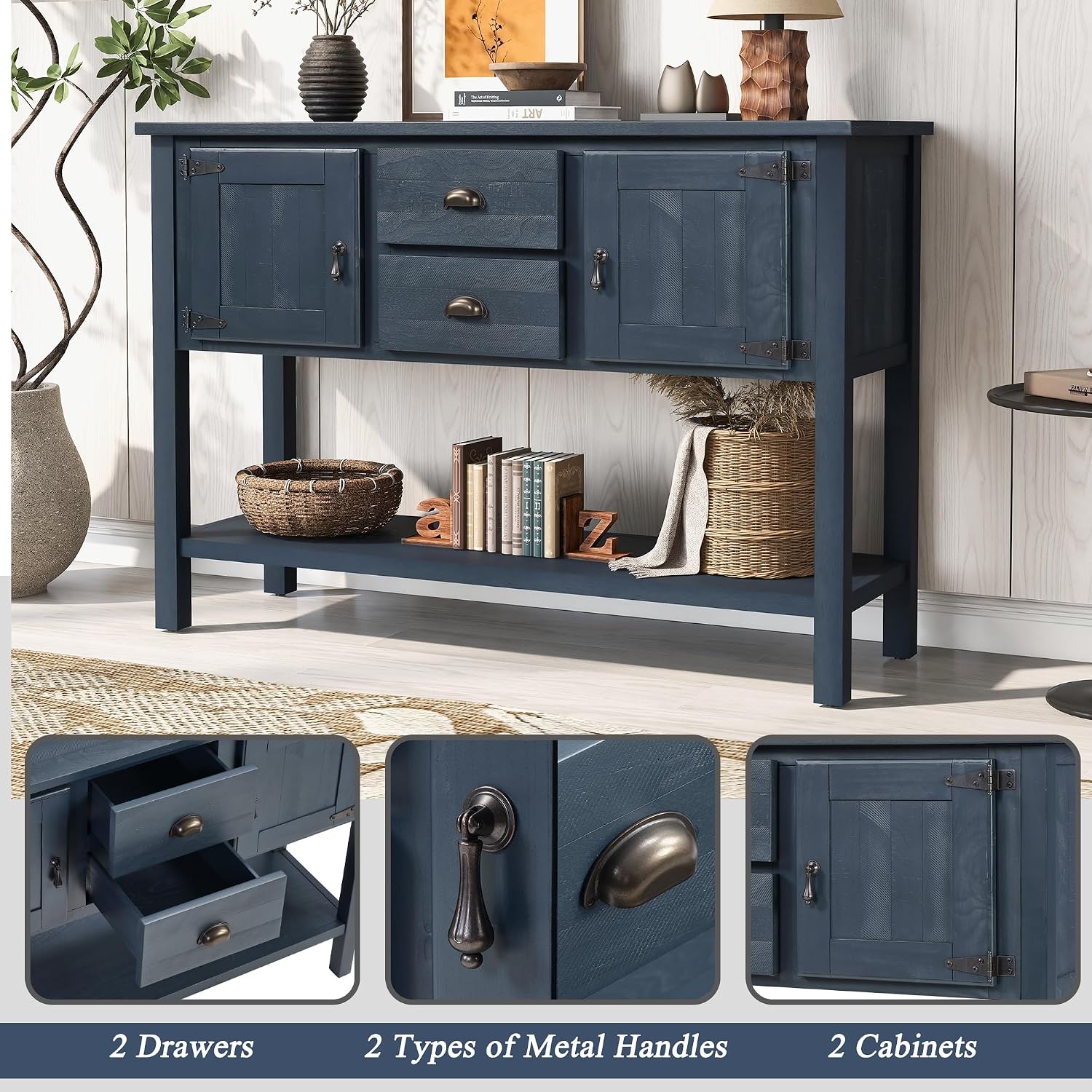 LKTART Farmhouse Sideboard Buffet Cabinet,Solid Wood Sideboard with Storage Drawers and Bottom Shelf, Buffet Cabinet Coffee Bar for Entryway Hallway Foyer,Easy Assembled (46.5" Navy Blue)
