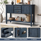 46'' Solid Wood Console Table Sideboard with 2 Drawers and Cabinets and Bottom Shelf, Retro Style Storage Dining Buffet Server Cabinet, for Living Room Kitchen Dining Room (Navy Blue-01)